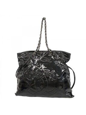 Chanel Chain Tote Patent Leather Black Silver